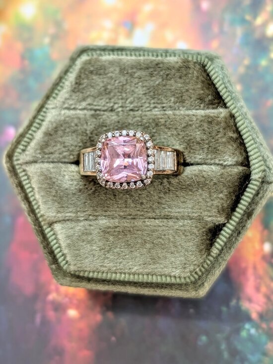 Vintage Jewelry - Vintage Sparkling Princess Cut Pink & Clear CZ Sterling Silver Ring, Size 8